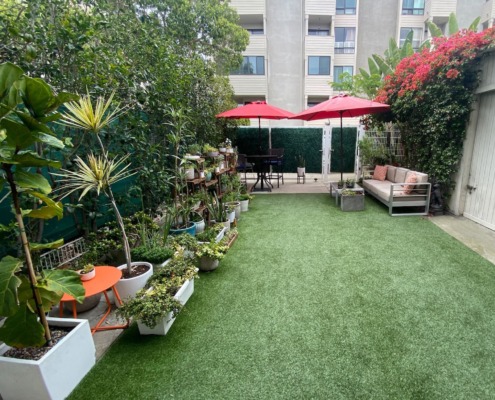 Back patio with bright green grass, plants, seating area, and umbrellas